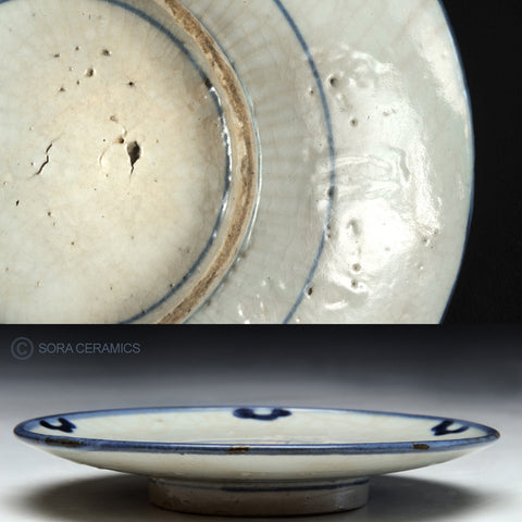 Old Imari dish, simple white with blue rim, crackled glaze