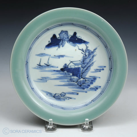 Imari plate, celadon rim, blue and white center