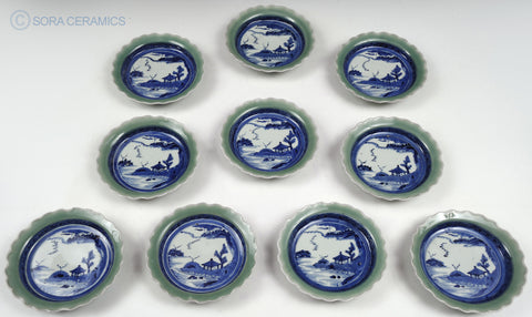10 Imari plates, scalloped celadon rims