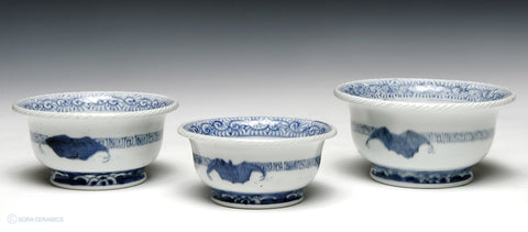 Imari bowls, 3 sizes, blue and white designs