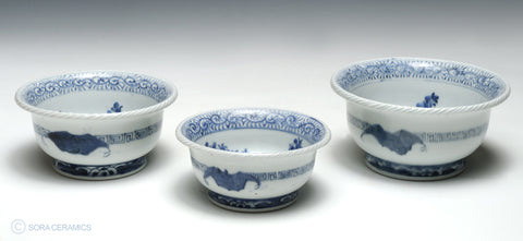 Imari bowls, 3 sizes, blue and white designs