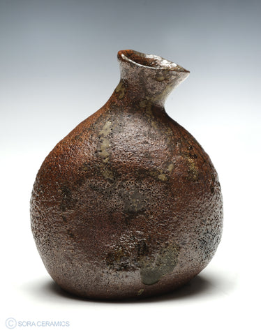 sake flask, brown glazed pottery