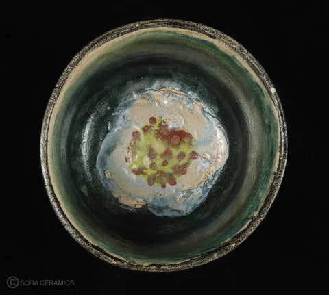 pottery cup, cream with polychrome brushwork