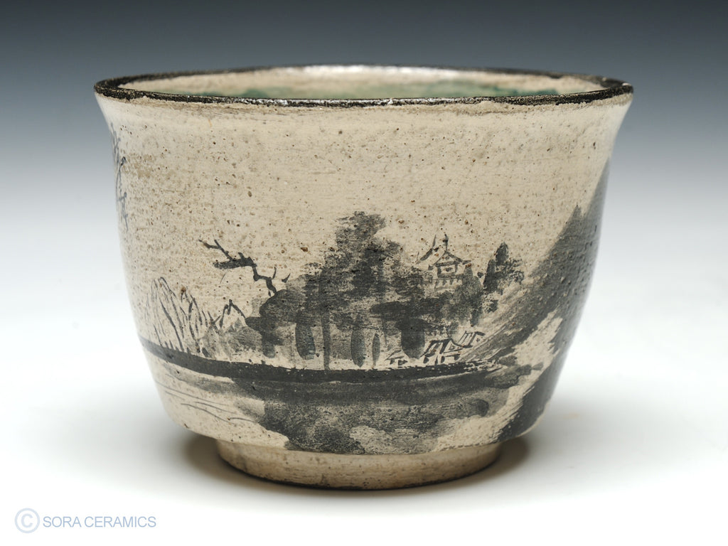 pottery cup, cream with polychrome brushwork