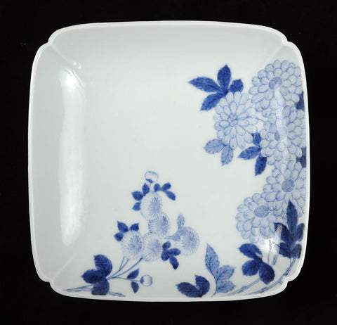 Nabishima plates, square, blue floral designs on white