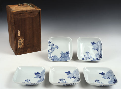 Nabishima plates, square, blue floral designs on white