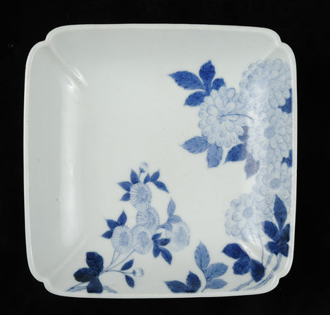 Nabishima plates, square, blue floral designs on white