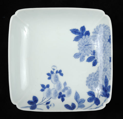 Nabishima plates, square, blue floral designs on white