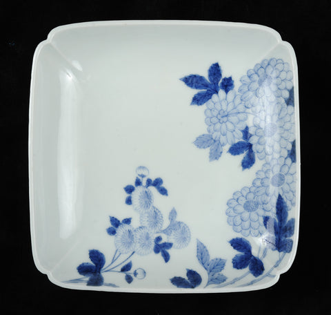 Nabishima plates, square, blue floral designs on white
