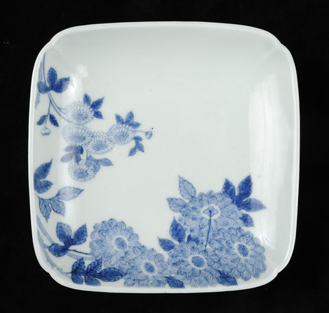 Nabishima plates, square, blue floral designs on white