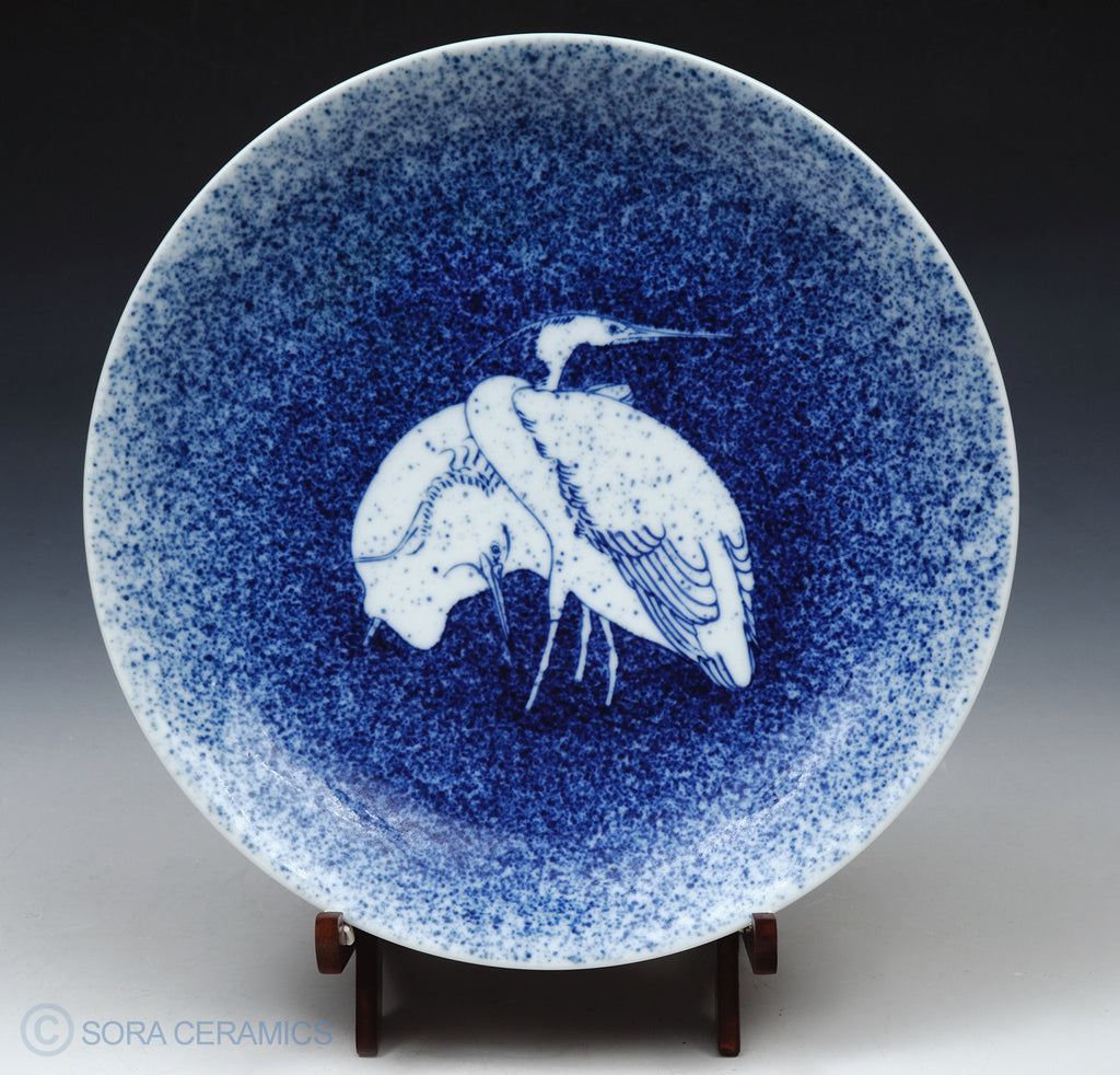 Imari plate, blue with white cranes