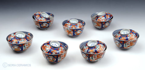 Imari lidded bowls, vivid colors, blue and white