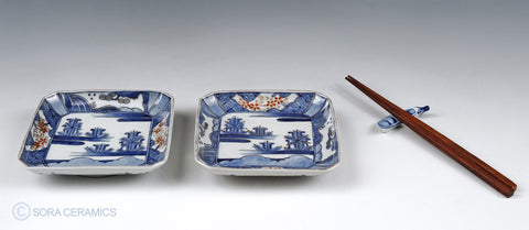 Imari small plates, square, blue and white