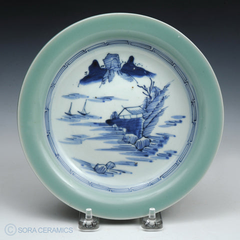 Celadon, blue and white dish