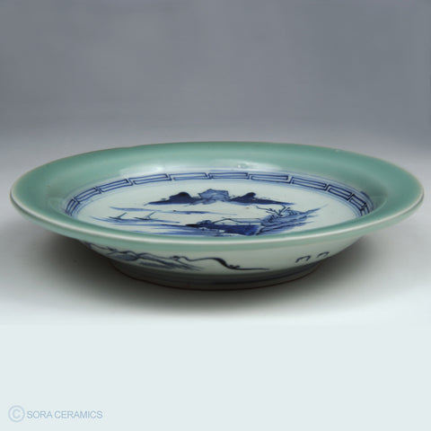 Imari plate, celadon rim, blue and white center