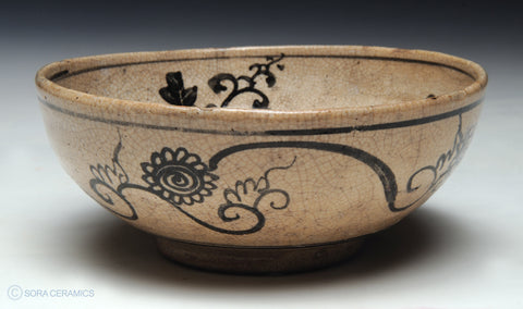 pottery bowl, cream with brown brushwork designs