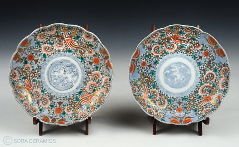 Imari plates, 2 large, polychrome on blue and white
