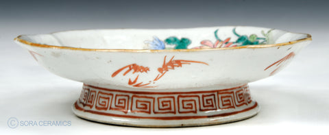 Chinese dish, lobed rim, polychrome designs on white