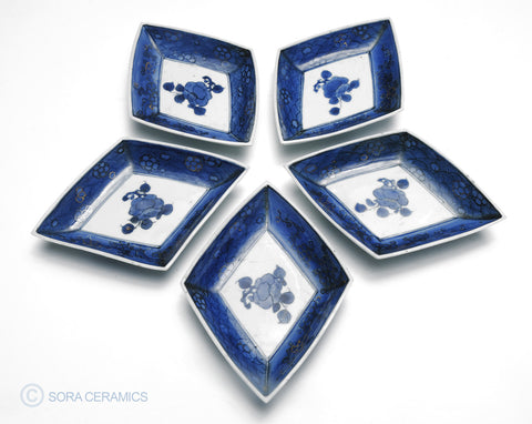 Imari small plates, diamond shaped, deep blue on white