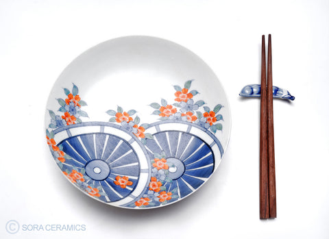 blue mill wheels and red blossoms on white Nabeshima bowl