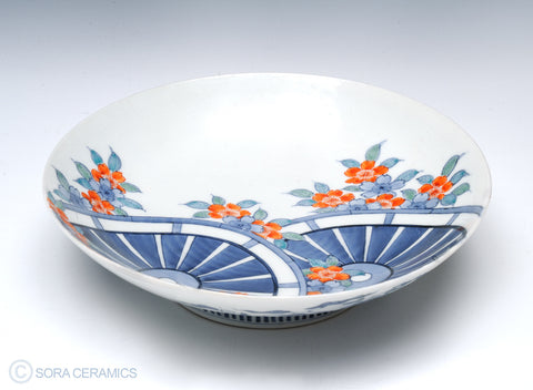 blue mill wheels and red blossoms on white Nabeshima bowl